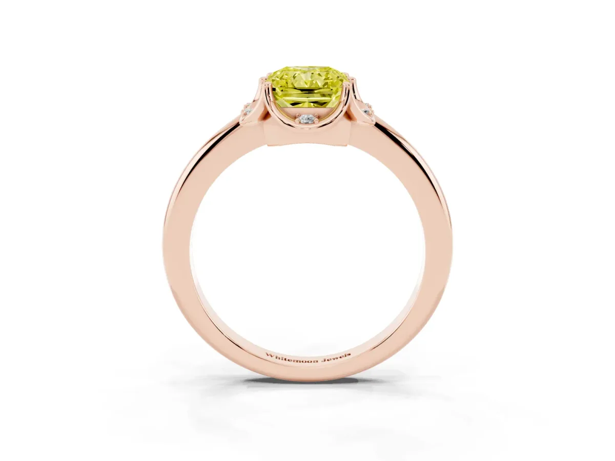 Fancy Yellow Radiant Cut Halo Diamond Ring with Round Cluster Setting, Solitaire Band, and Four-Prong Setting Rose gold