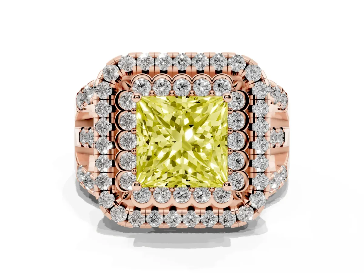 Fancy Yellow Princess Cut Diamond Double Halo Ring with Round Pavé Split Shank and Prong Setting Rose gold