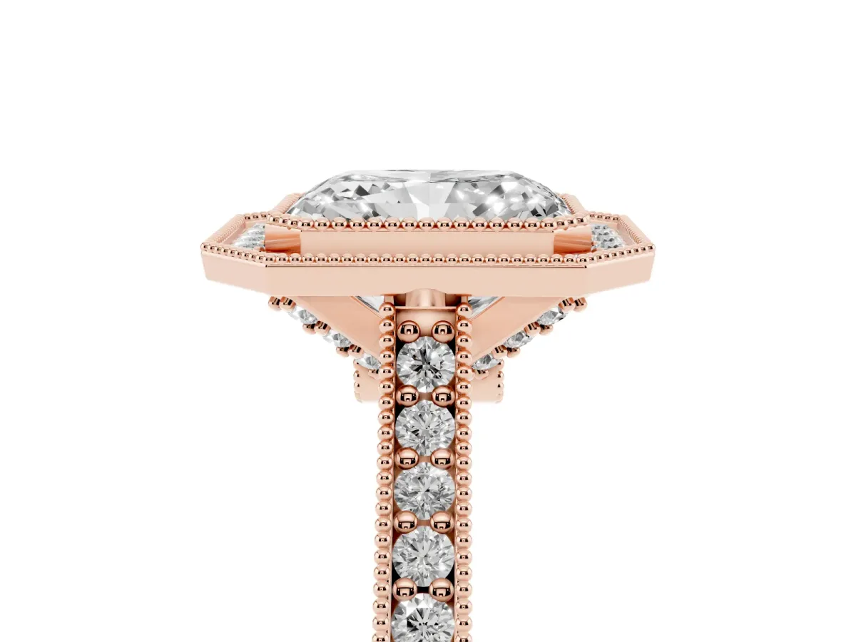 Halo Radiant Cut-Cut Diamond Pave Band Milgrain Prong Setting Ring Rose gold