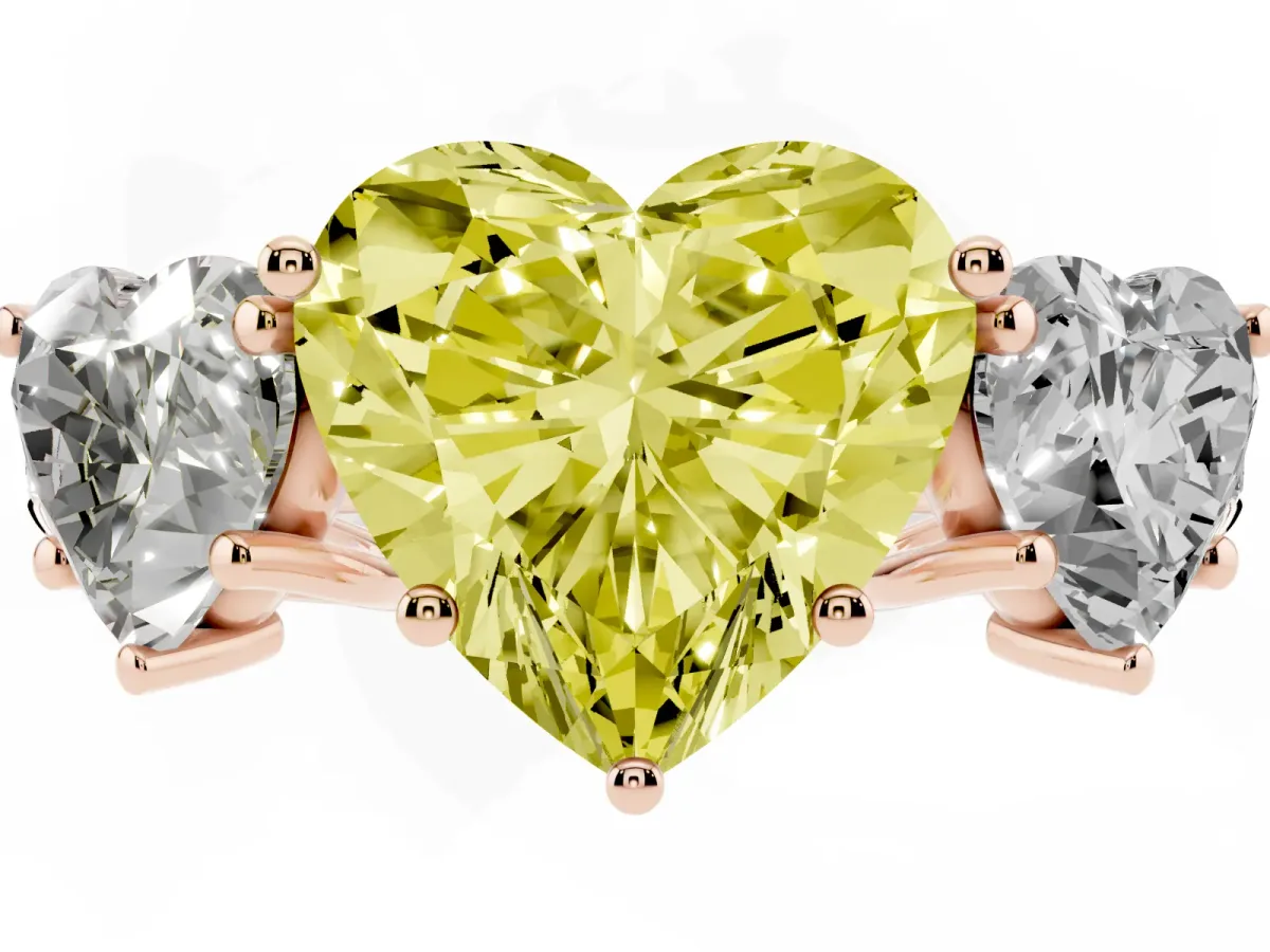 Fancy Yellow Three-Stone Heart Cut Diamond Pavé Band with Prong Setting Rose gold