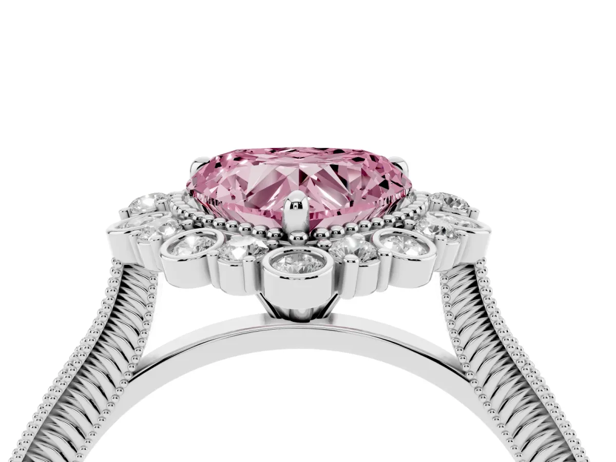 Fancy Pink Heart Cut Halo Milgrain Pave Diamond Ring with Four-Prong Setting White gold