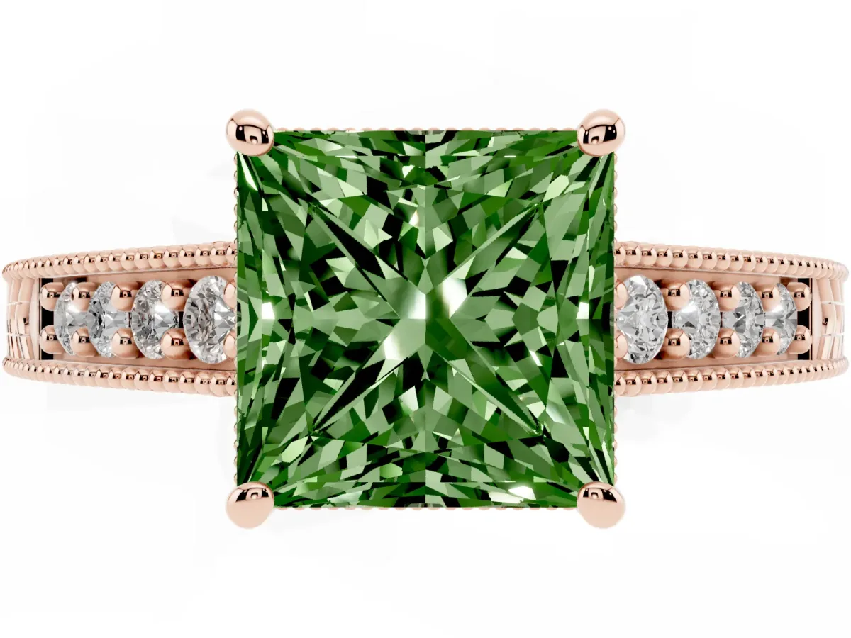 Fancy Green Princess Cut Solitaire Pavé Diamond Milgrain Engagement Ring with Four-Prong Setting Rose gold