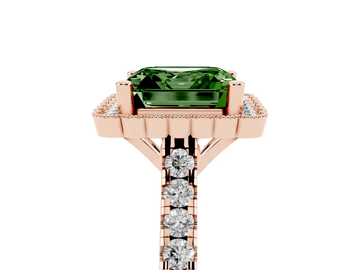 Fancy Green Asscher Cut Cut Diamond Milgrain Floral Halo Engagement Ring with Pavé Band Rose gold