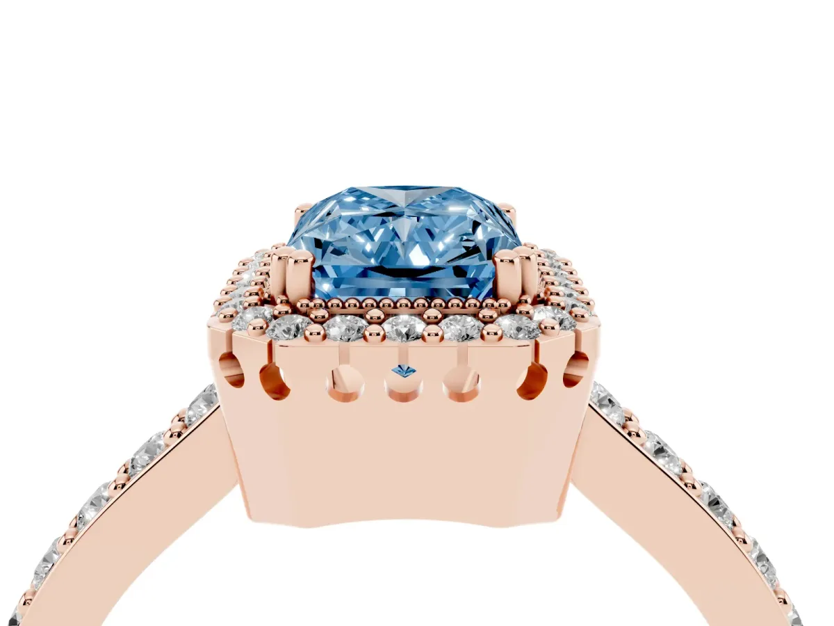 Fancy Blue Radiant Cut Cut Diamond Halo Engagement Ring with Milgrain Detail and Pavé Band Rose gold