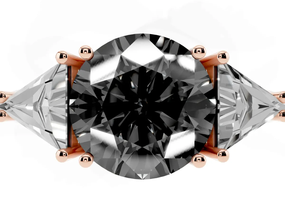 Fancy Black Three-Stone Round Cut Diamond Engagement Ring with Trillion Side Stones and Prong Setting Rose gold