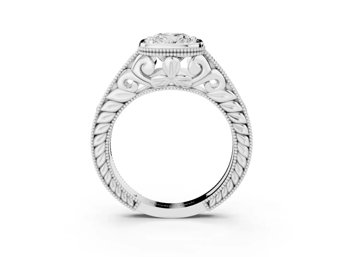 Bezel Set Cushion Cut Diamond Milgrain Pave Engagement Ring White gold