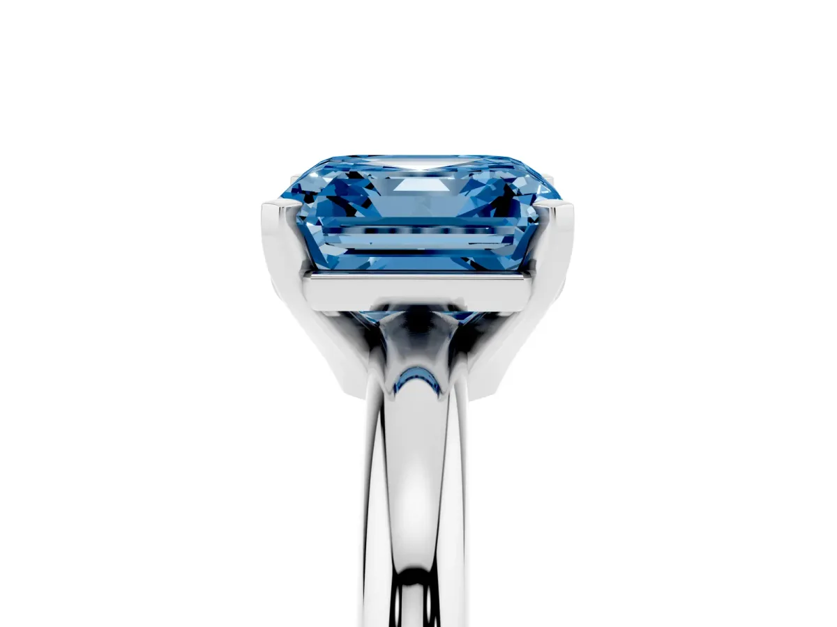 Fancy Blue Asscher Cut Diamond Solitaire Engagement Ring with Round Band and Four-Prong Setting Silver