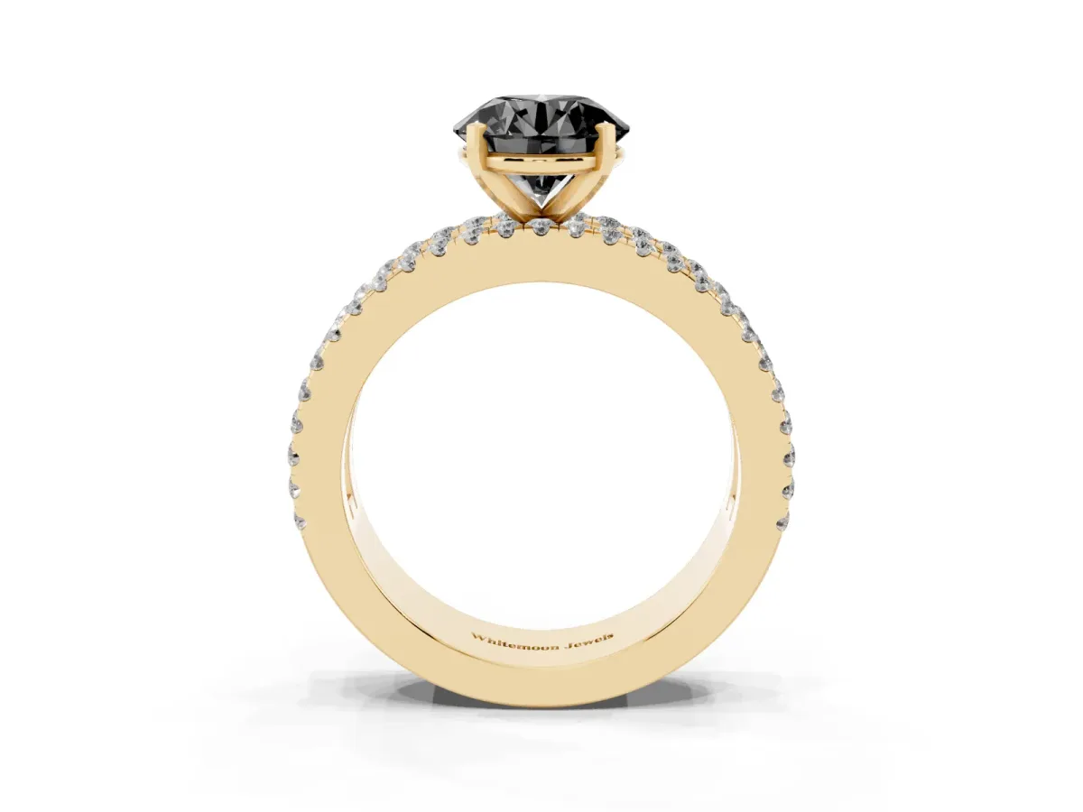 Fancy Black Round Cut Diamond Solitaire Ring with Pavé and Channel Set Band Yellow gold