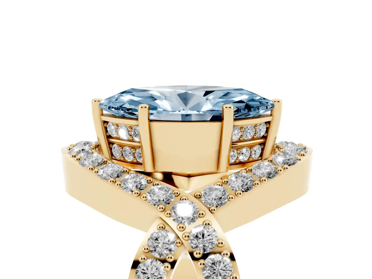 Fancy Blue Marquise Cut Solitaire Twist Band Pavé Diamond Engagement Ring Yellow gold