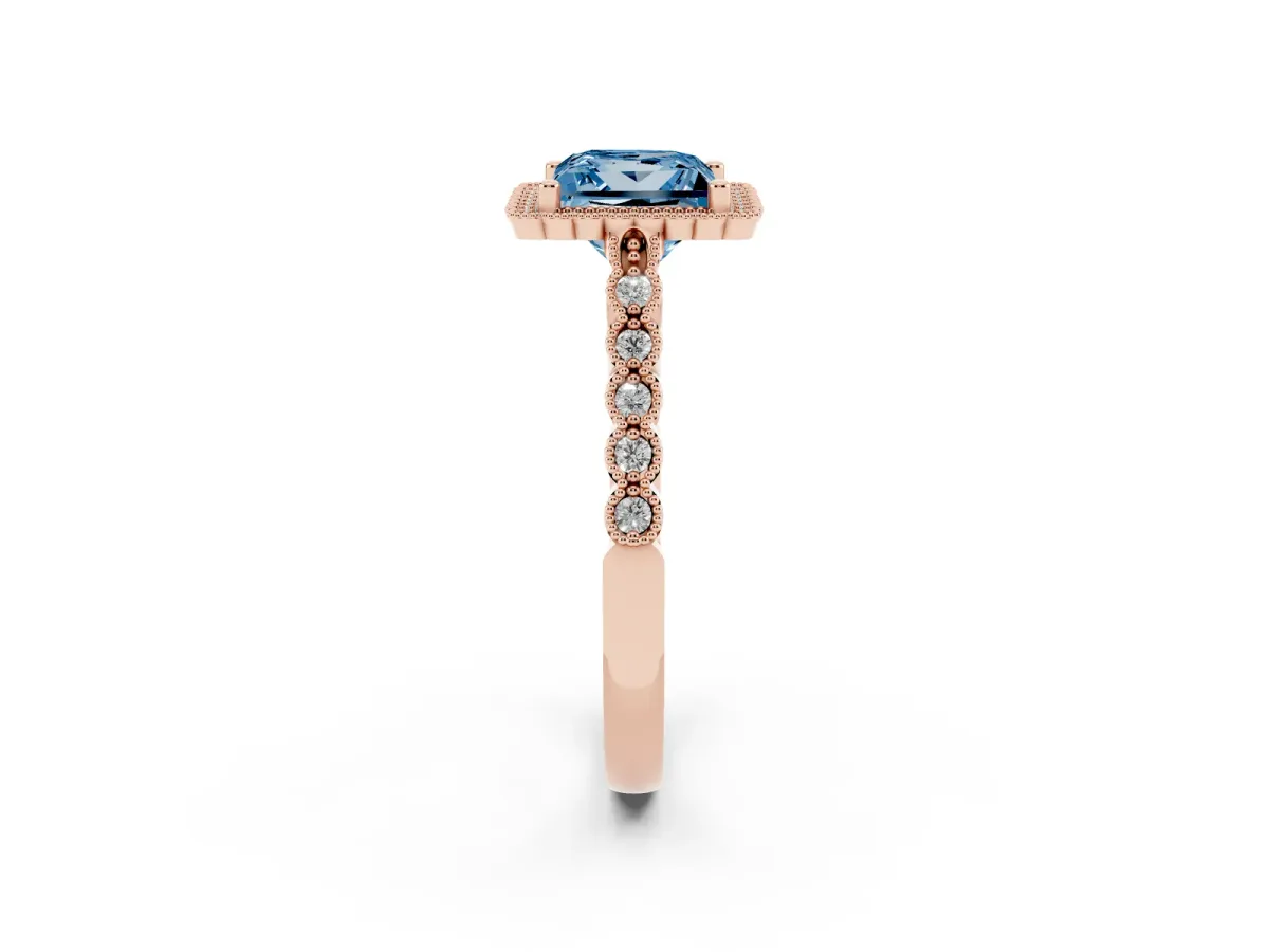 Fancy Blue Princess Cut Cut Halo Pavé Solitaire Ring with Milgrain Band Rose gold