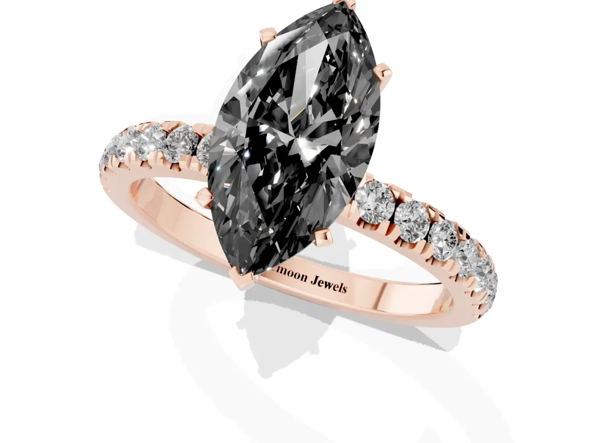 Fancy Black Marquise Cut Diamond Solitaire Ring with Pavé Accents and Four-Prong Setting Rose gold