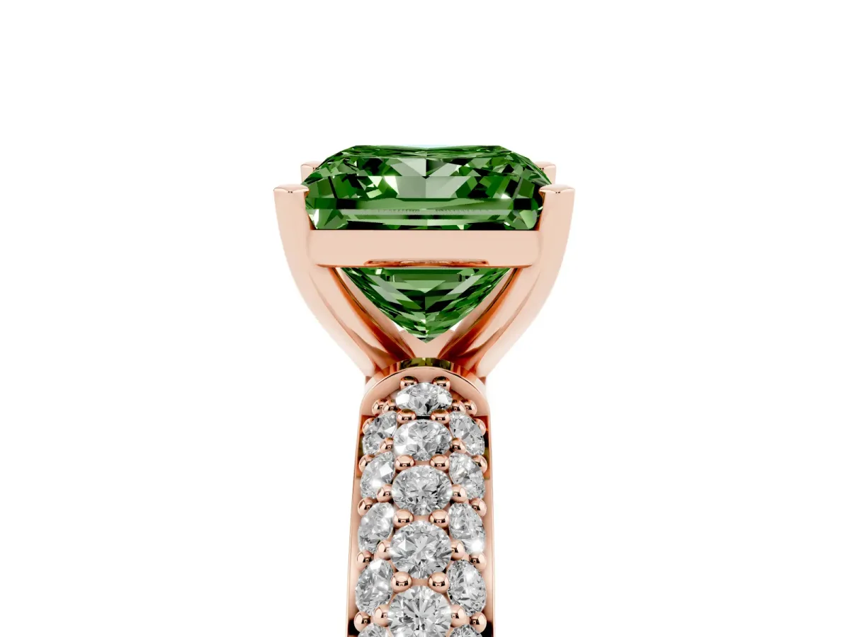 Fancy Green Princess Cut Diamond Solitaire Ring with Prong Setting and Pavé Band Rose gold