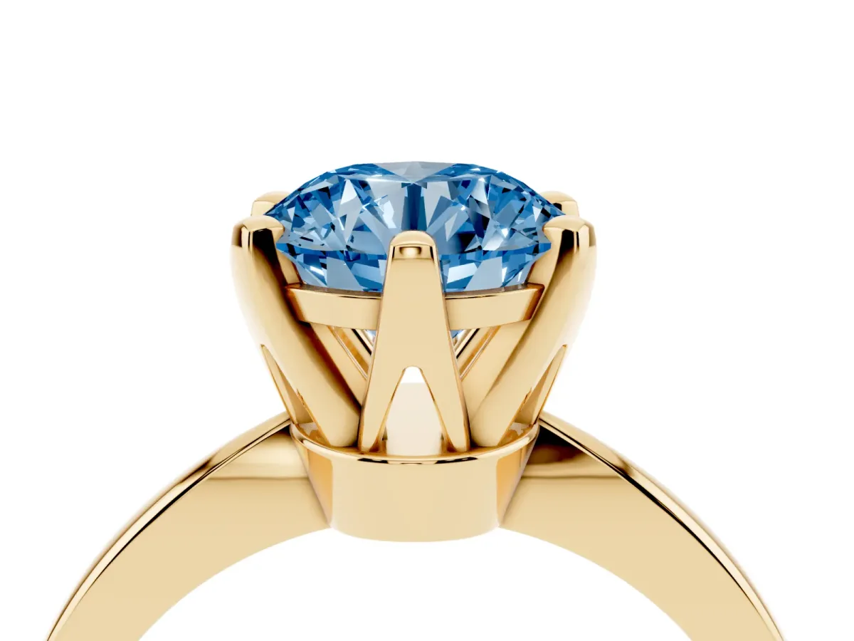 Fancy Blue Round Cut Solitaire Engagement Ring with Six-Prong Setting and Tapered Band Yellow gold