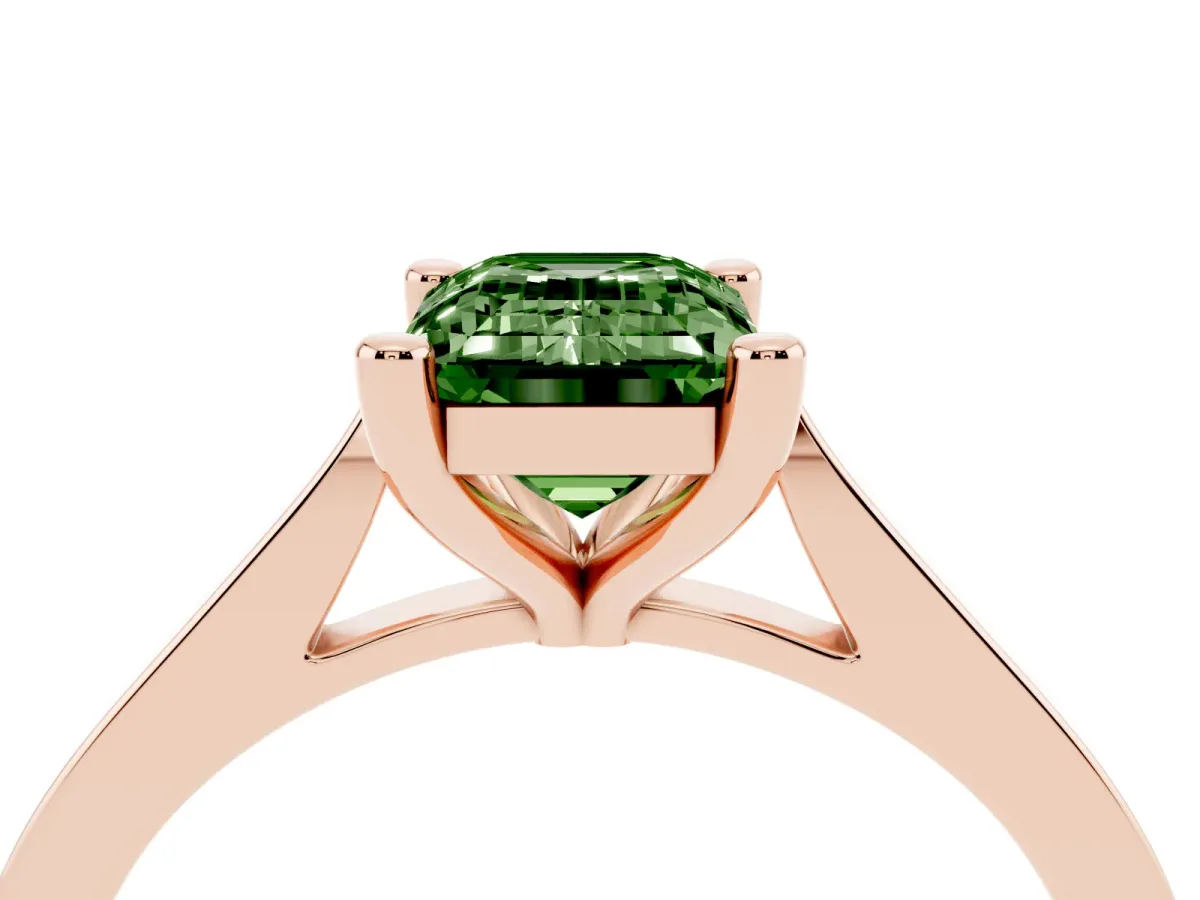 Fancy Green Emerald Cut Solitaire Diamond Ring with Four-Prong Setting and Tapered Band Rose gold