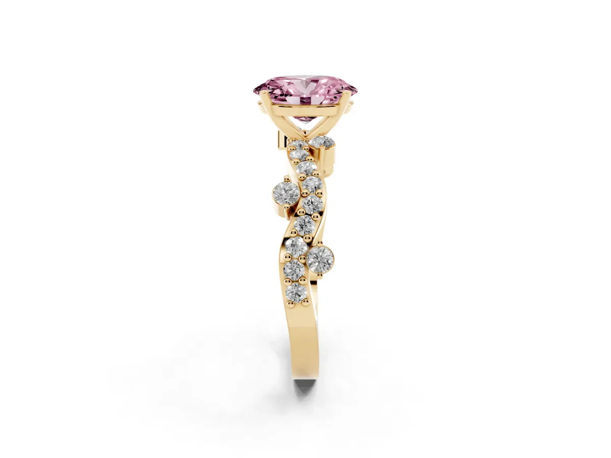 Fancy Pink Oval Cut Cut Solitaire Diamond Twisted Band with Pave Setting Yellow gold