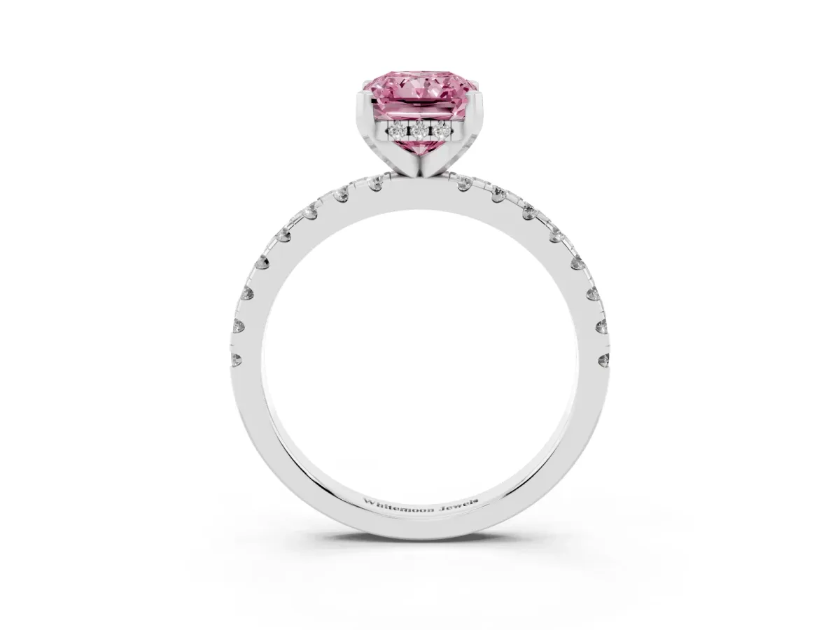 Fancy Pink Radiant Cut Diamond Solitaire Ring with Round Pavé Band and Four-Prong Setting Silver