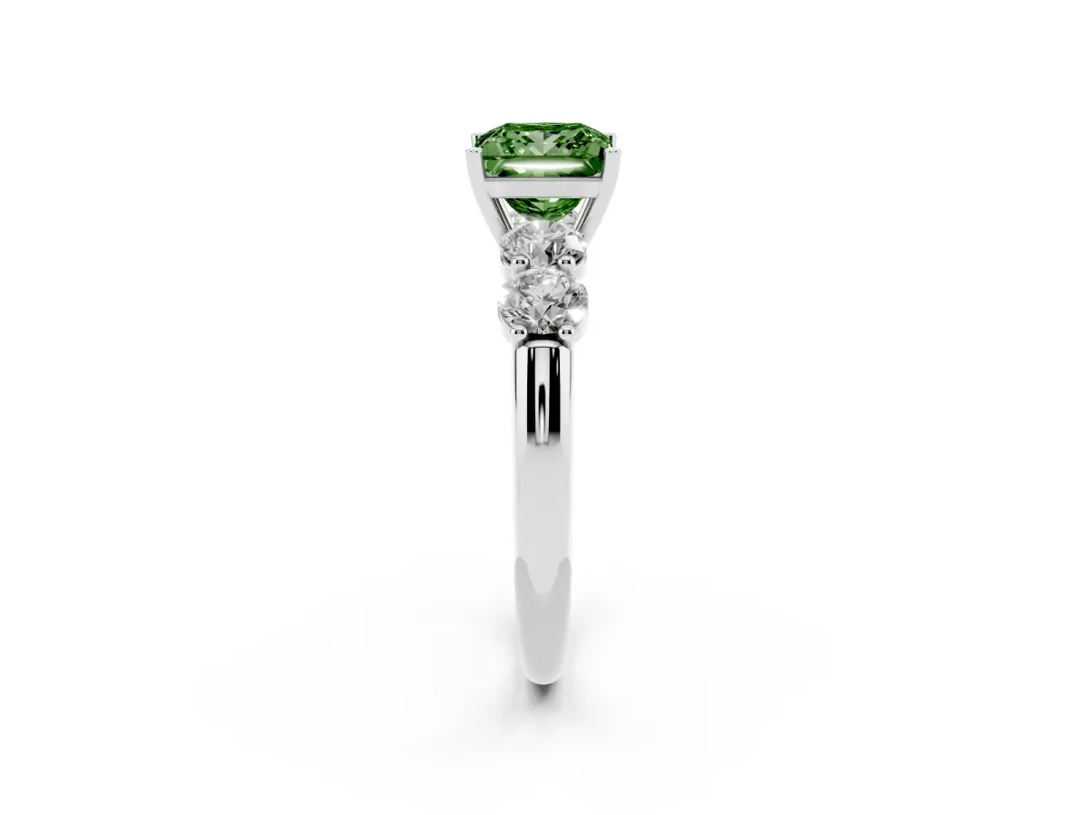 Fancy Green Princess Cut Cut Five-Stone Prong Set Diamond Ring with Classic Band Silver