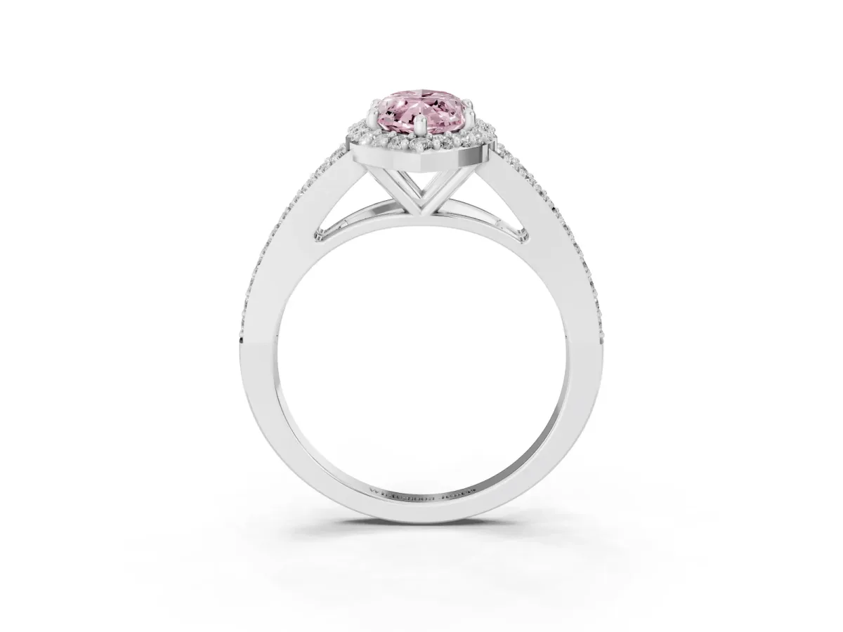 Fancy Pink Marquise Cut Halo Split Shank Pave Diamond Ring with Four-Prong Setting Platinum