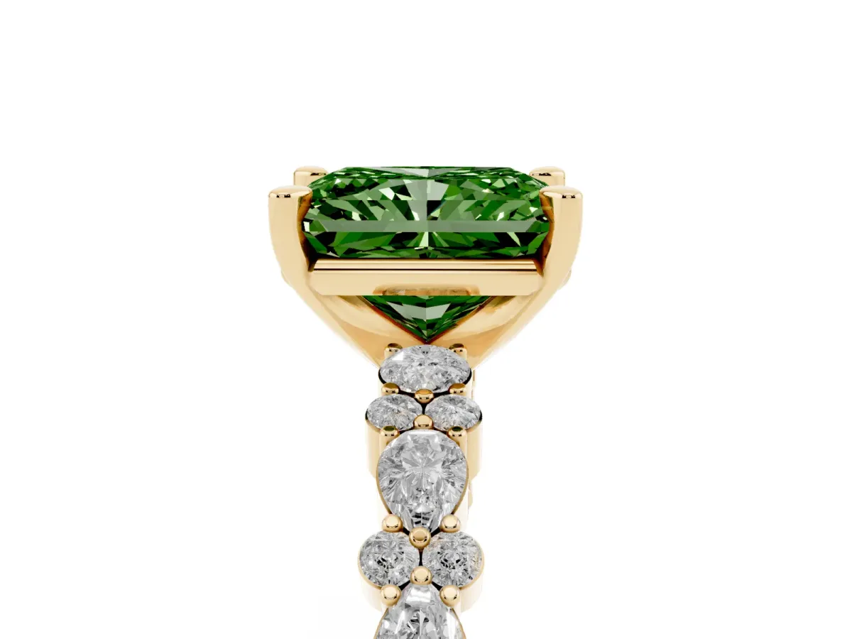 Fancy Green Radiant Cut Diamond Side Stone Solitaire Ring with Round and Four-Prong Setting Yellow gold