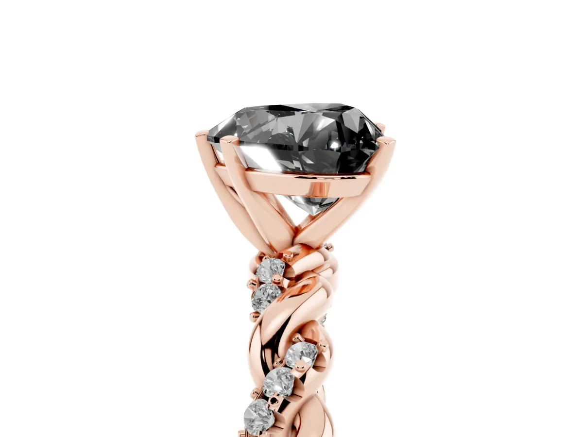 Fancy Black Heart Cut Diamond Solitaire Ring with Twisted Band and Pavé Accents Rose gold