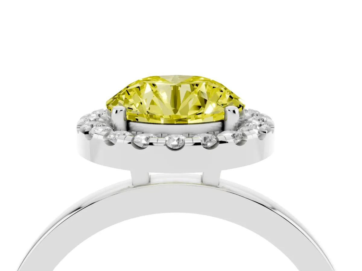 Fancy Yellow Round Cut Halo Diamond Solitaire with Pavé Band and Four-Prong Setting Silver