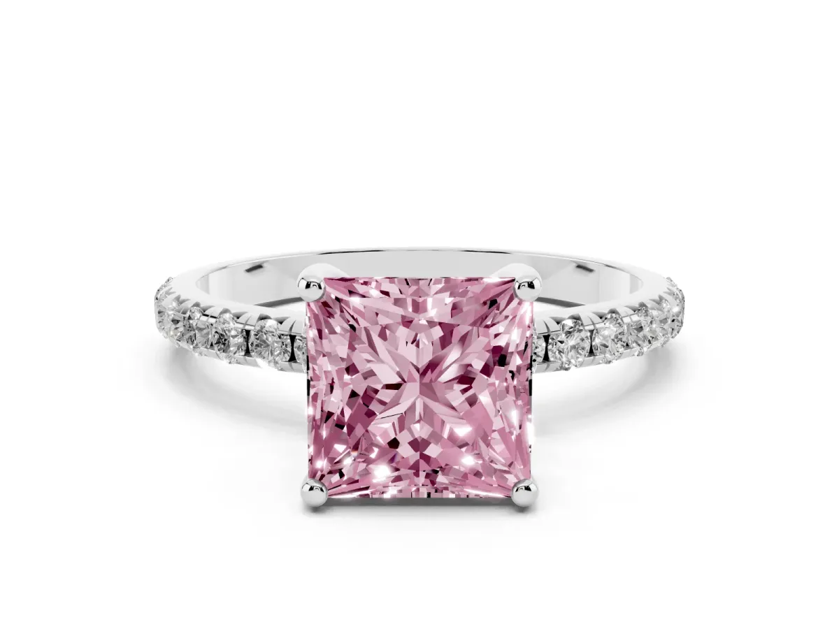 Fancy Pink Princess Cut Cut Diamond Solitaire Ring with Micro Pave Band and Four Prong Setting Silver