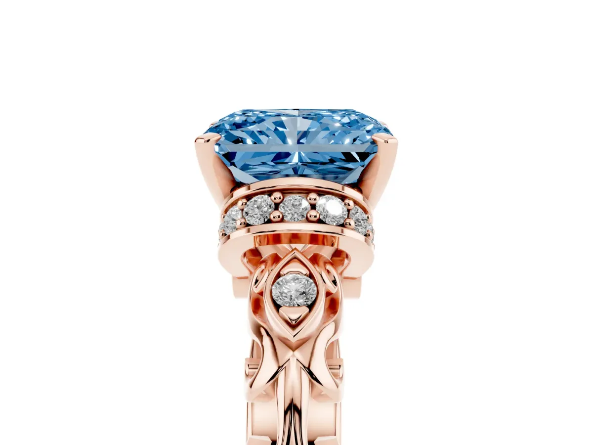 Fancy Blue Radiant Cut Diamond Solitaire Ring with Filigree Band and Four-Prong Setting Rose gold