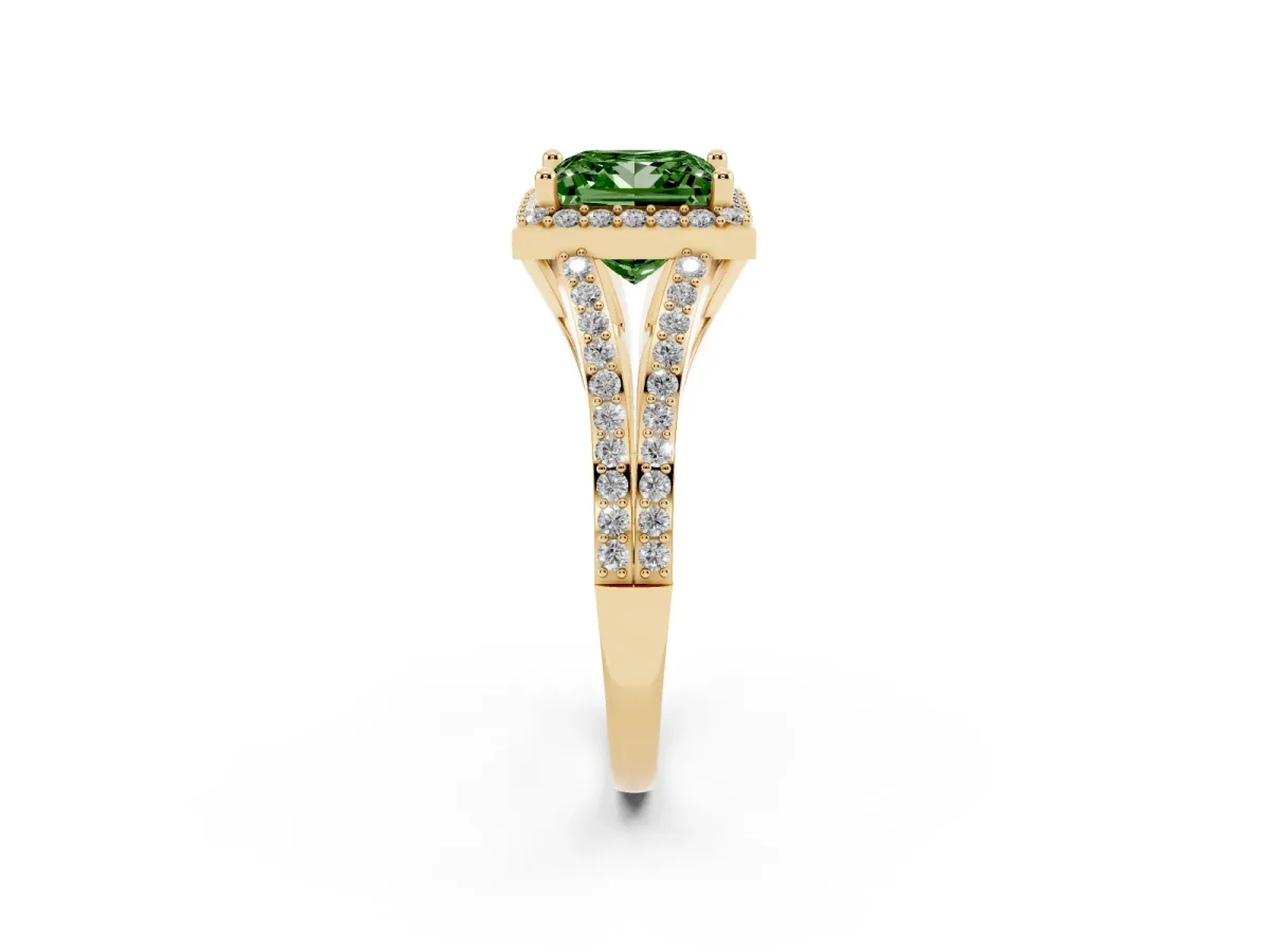 Fancy Green Princess Cut Halo Split Shank Pave Diamond Ring with Four-Prong Setting Yellow gold