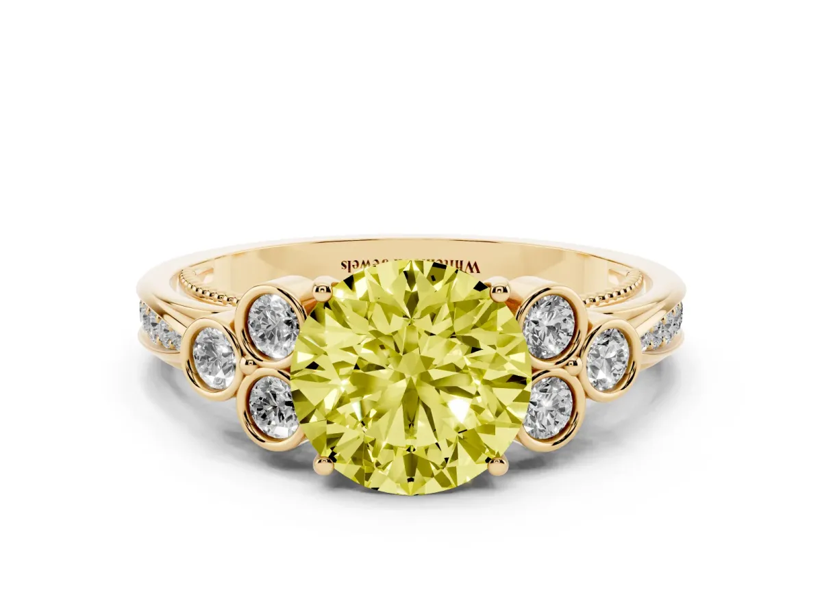 Fancy Yellow Round Cut Cut Diamond Engagement Ring with Bezel Set Round Side Stones and Prong Setting Yellow gold