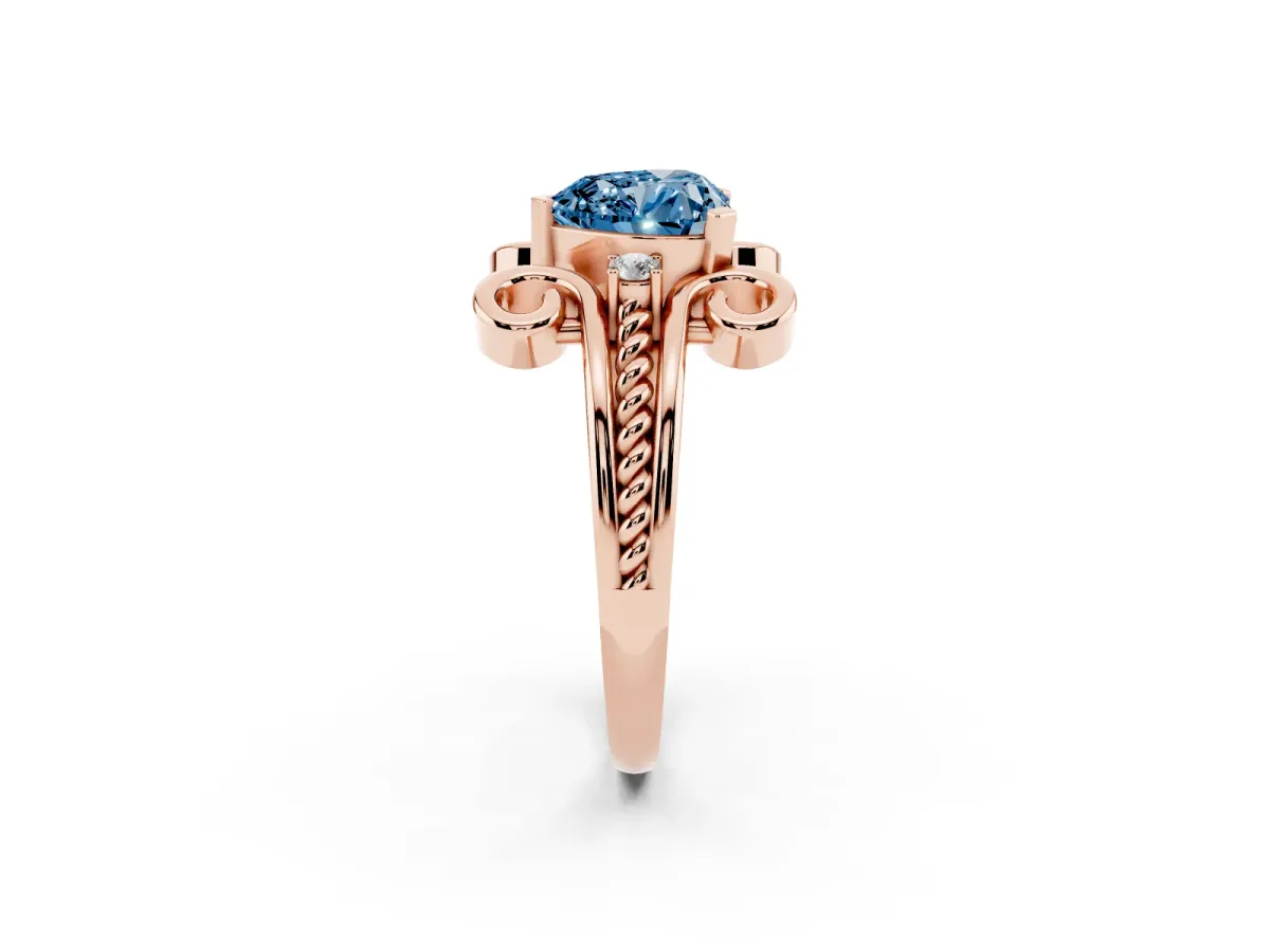 Fancy Blue Heart Cut Solitaire Twisted Band Scroll Prong Ring Rose gold