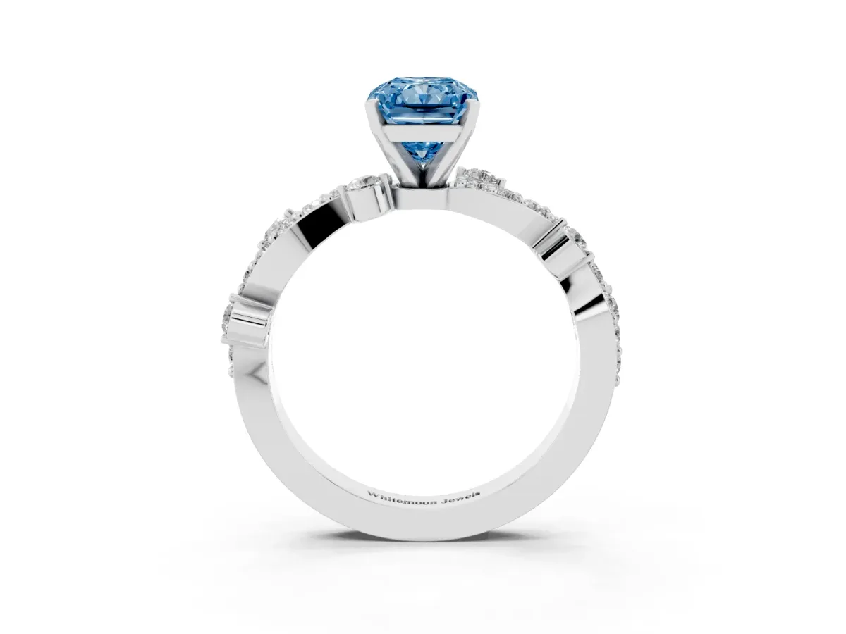 Fancy Blue Radiant Cut Cut Solitaire Diamond Twisted Band with Pave Setting Silver
