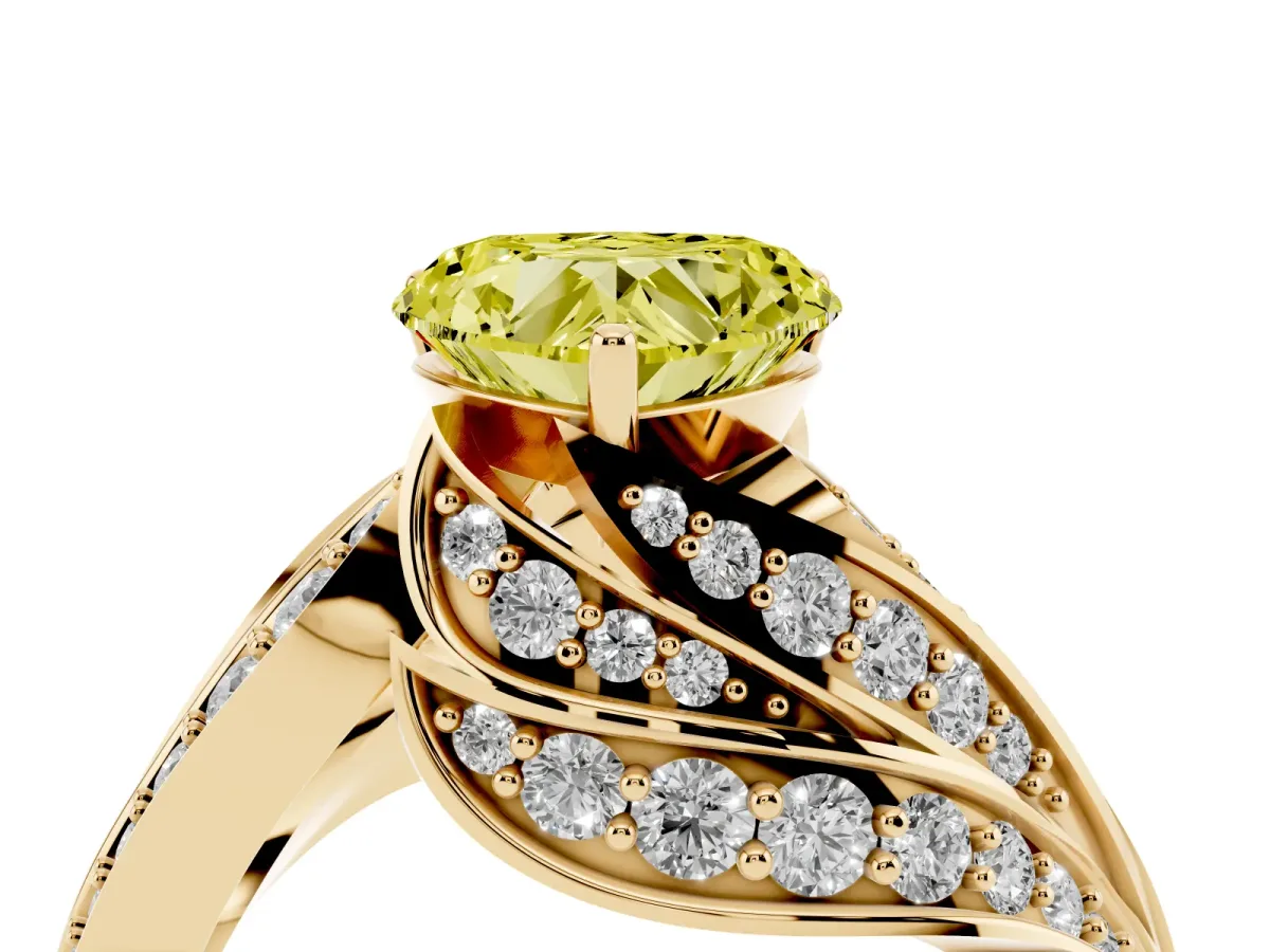 Fancy Yellow Heart Cut Diamond Solitaire Ring with Prong Setting and Twisted Pavé Band Yellow gold