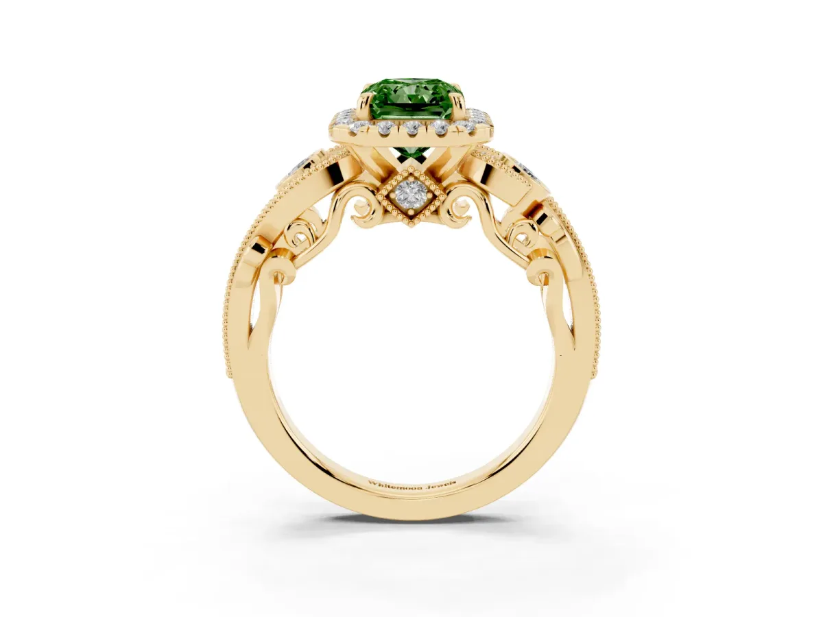 Fancy Green Radiant Cut Diamond Halo Ring with Milgrain Pavé Band and Four-Prong Setting Yellow gold