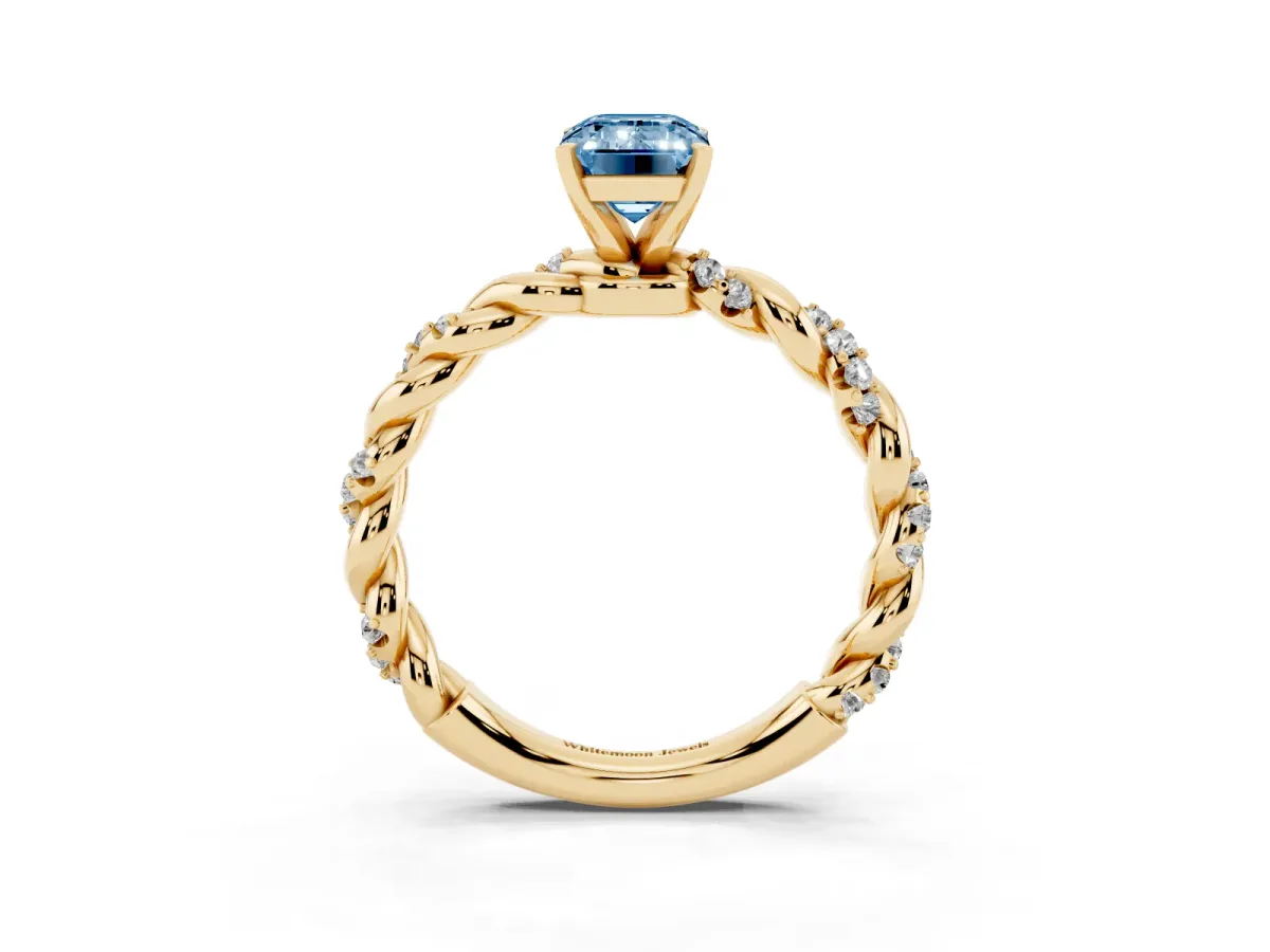 Fancy Blue Emerald Cut Diamond Solitaire Ring with Twisted Band and Pavé Accents Yellow gold
