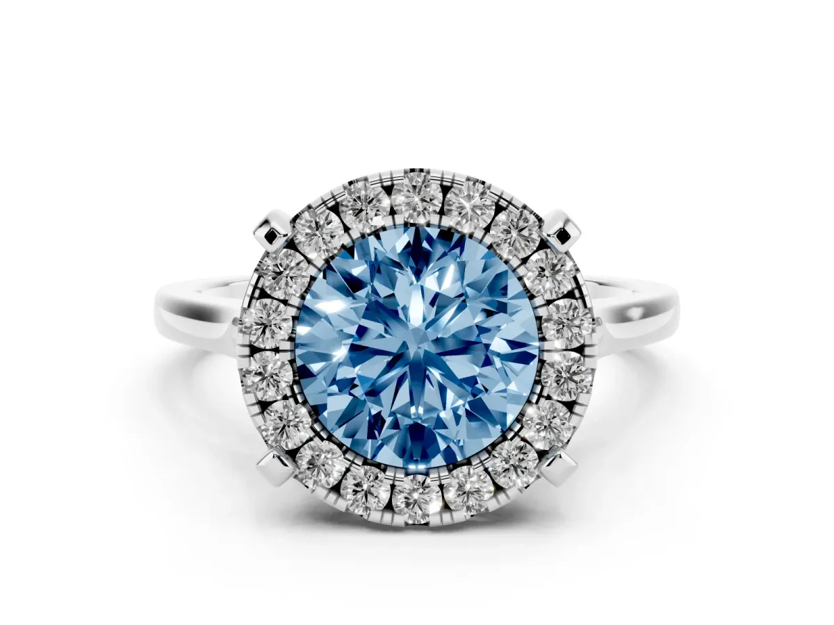 Fancy Blue Round Cut Diamond Cluster Halo Solitaire with Four-Prong Setting Platinum