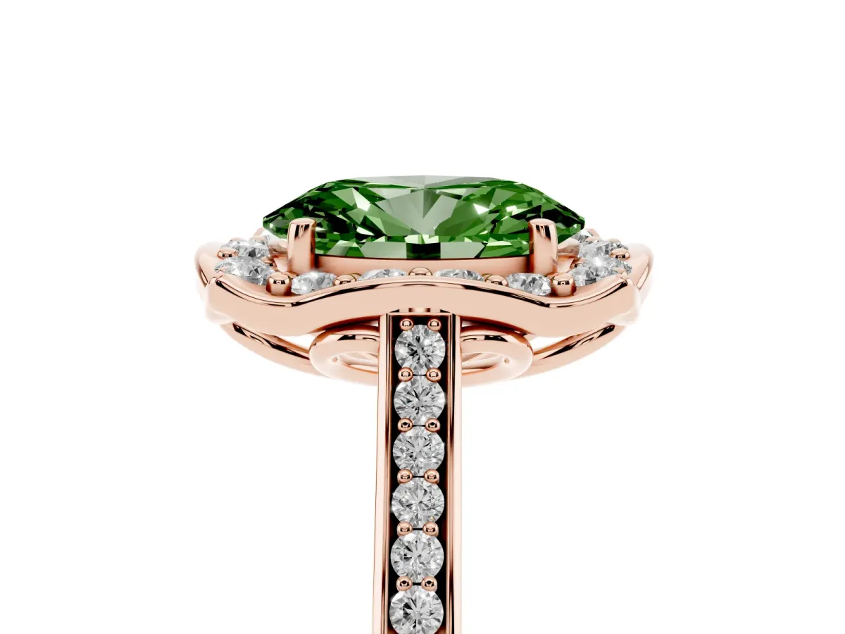 Fancy Green Oval Cut Halo Round Diamond Pave Band with Four-Prong Setting Rose gold