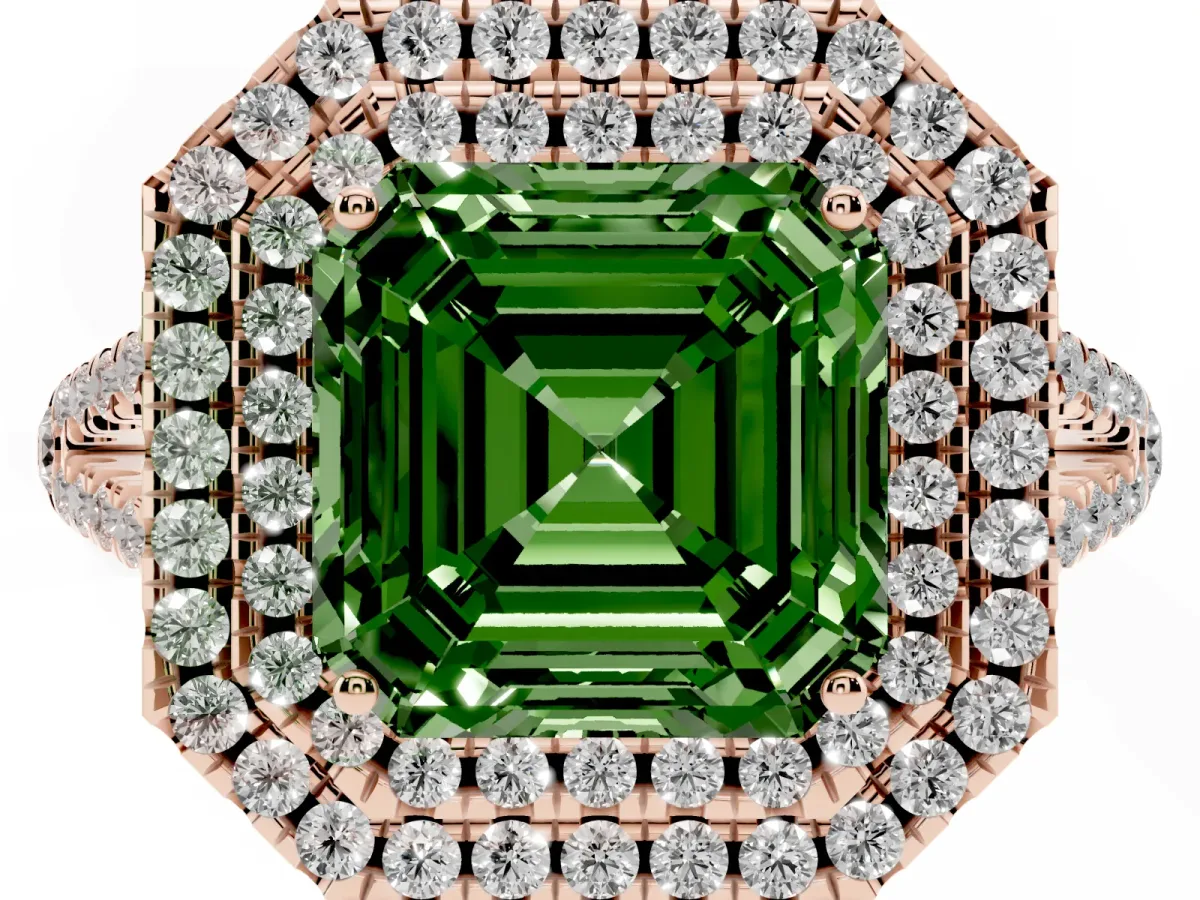 Fancy Green Asscher Cut Diamond Double Halo Ring with Pavé Band and Prong Setting Rose gold