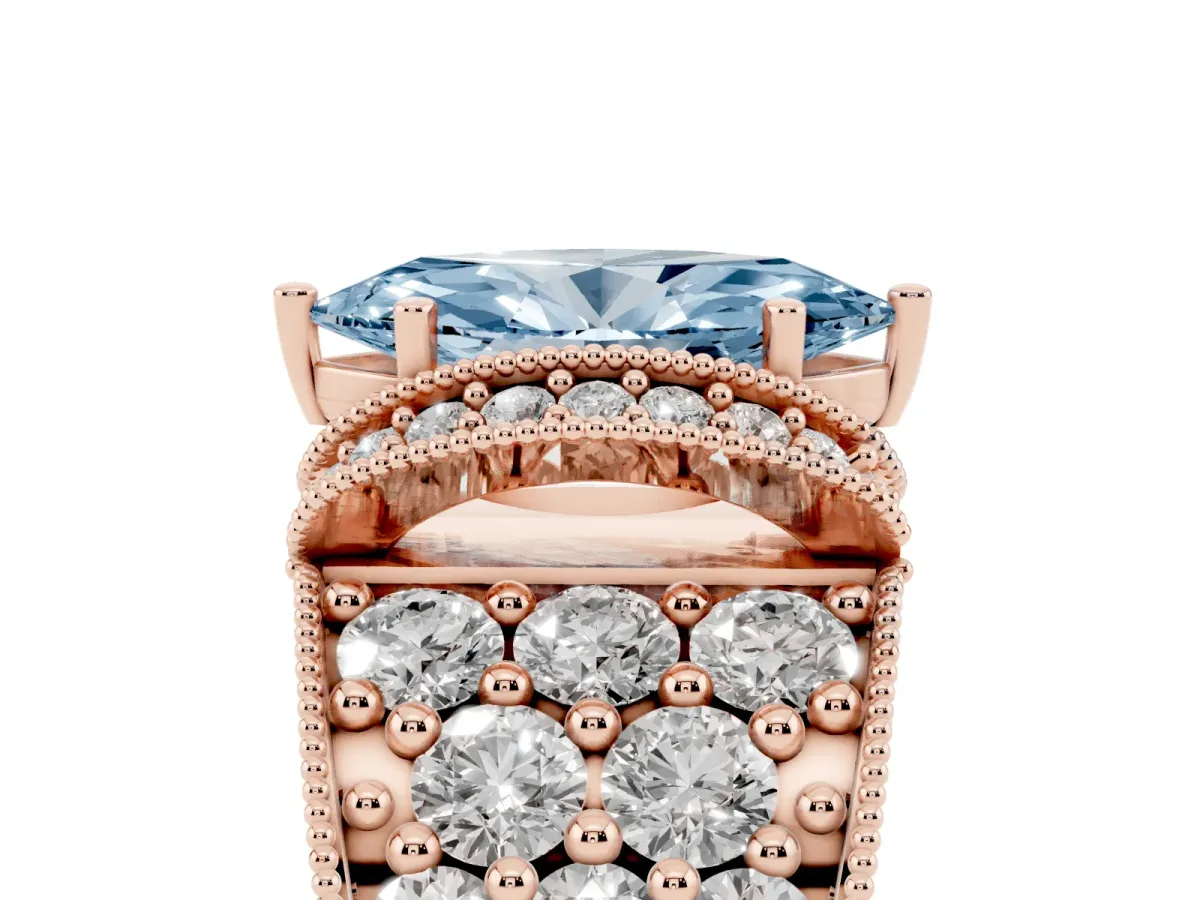 Fancy Blue Marquise Cut Halo Pave Diamond Engagement Ring with Milgrain Detailing Rose gold