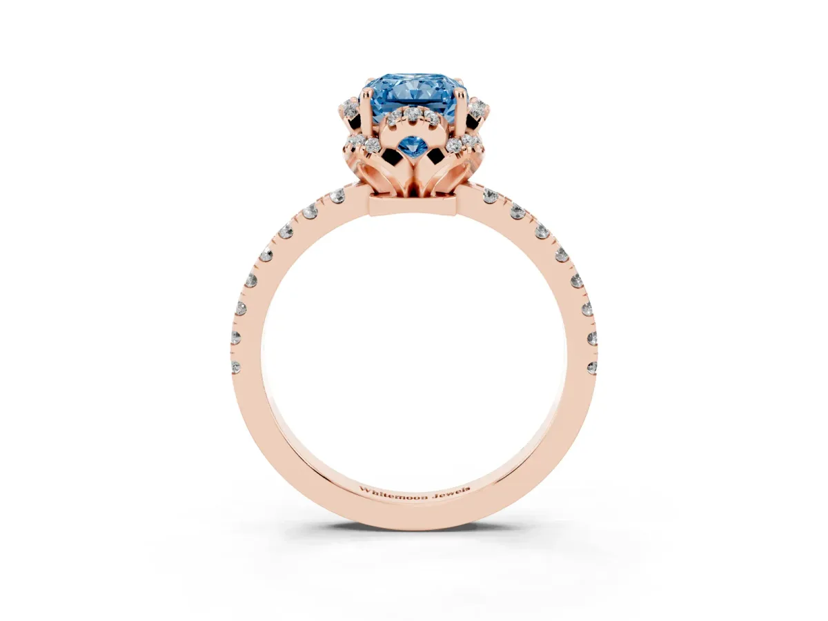 Fancy Blue Radiant Cut Halo Diamond Pave Band Ring with Four-Prong Setting Rose gold