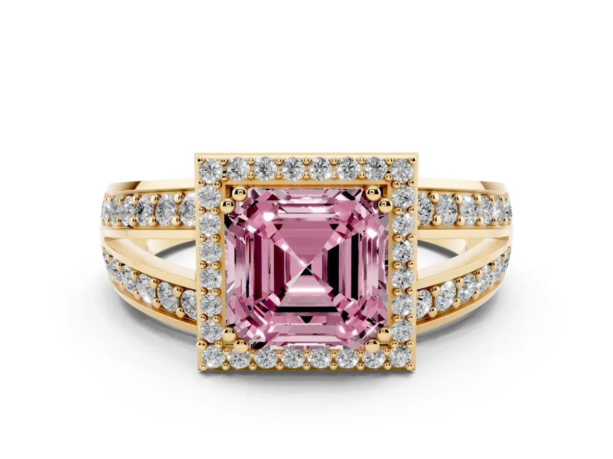 Fancy Pink Asscher Cut Diamond Halo Ring with Split Shank Pavé Band and Four-Prong Setting Yellow gold