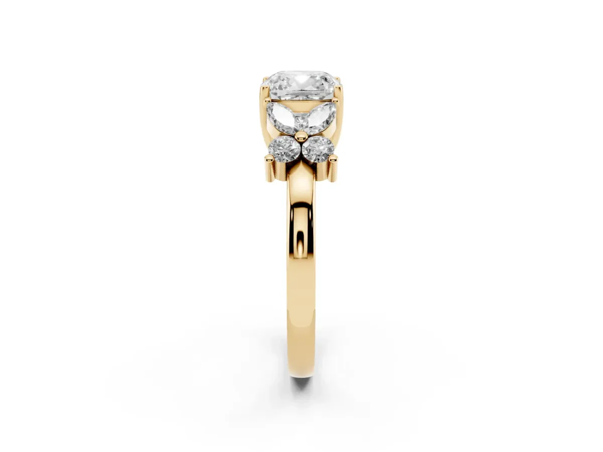 Cushion Cut Diamond Floral Cluster Ring with Solitaire Band and Prong Setting Yellow gold