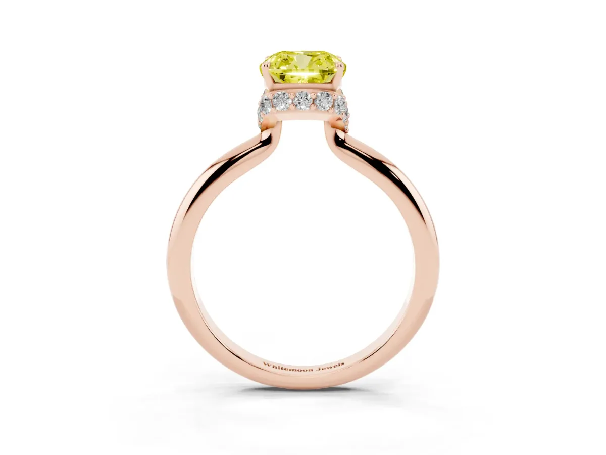 Fancy Yellow Cushion Cut Brilliant Solitaire Engagement Ring with Six-Prong Setting and Classic Band Rose gold