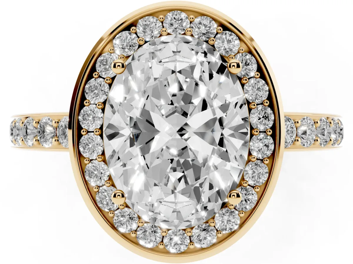 Oval Cut Diamond Halo Ring with Bezel Frame and Pavé Band Yellow gold