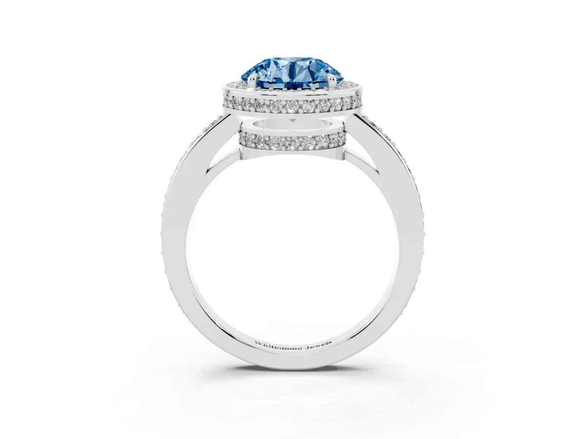 Fancy Blue Round Cut Halo Pave Band Solitaire Ring with Prong Setting Silver