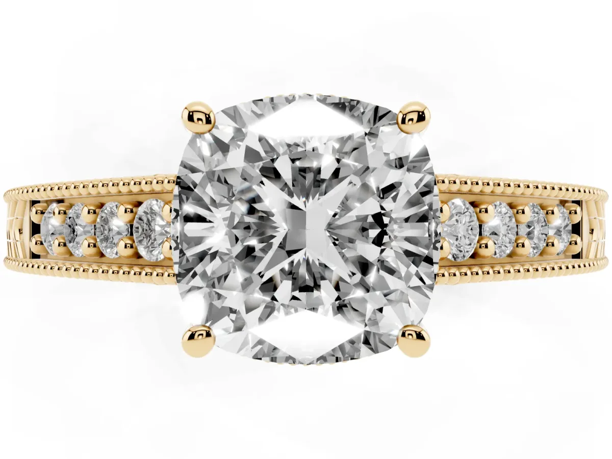 Cushion Cut Solitaire Pavé Diamond Milgrain Engagement Ring with Four-Prong Setting Yellow gold