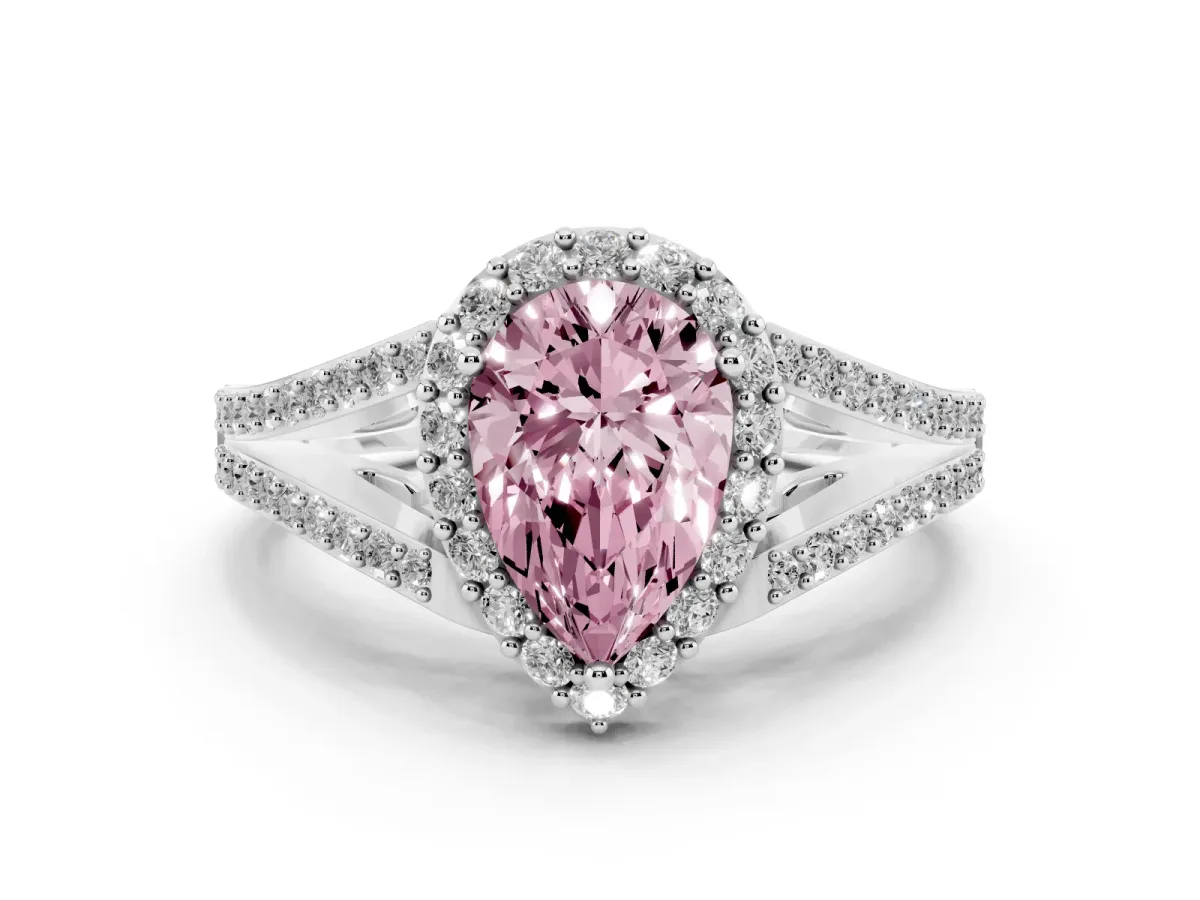 Fancy Pink Pear Cut Halo Split Shank Diamond Ring with Prong Setting Silver