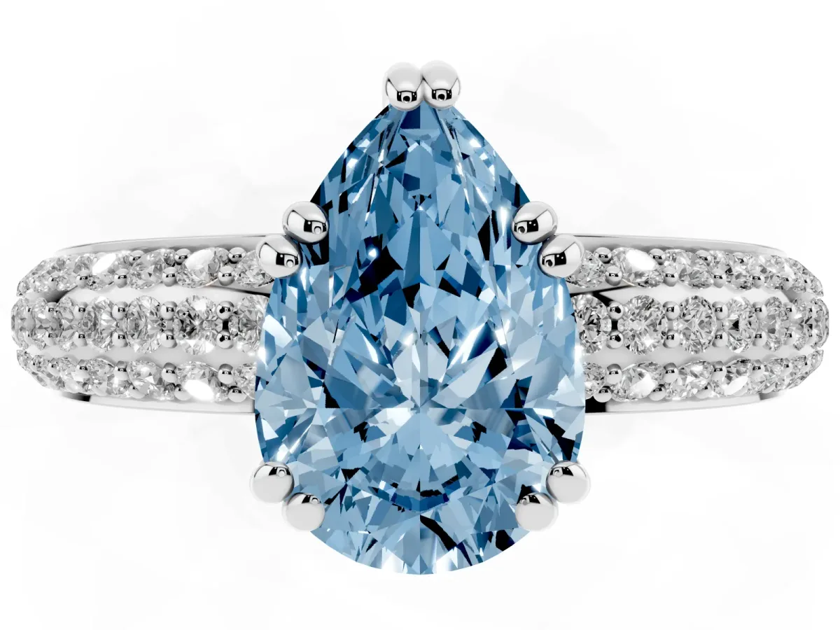 Fancy Blue Pear Cut Diamond Solitaire Ring with Multi-Row Round Pavé Band and Prong Setting Silver
