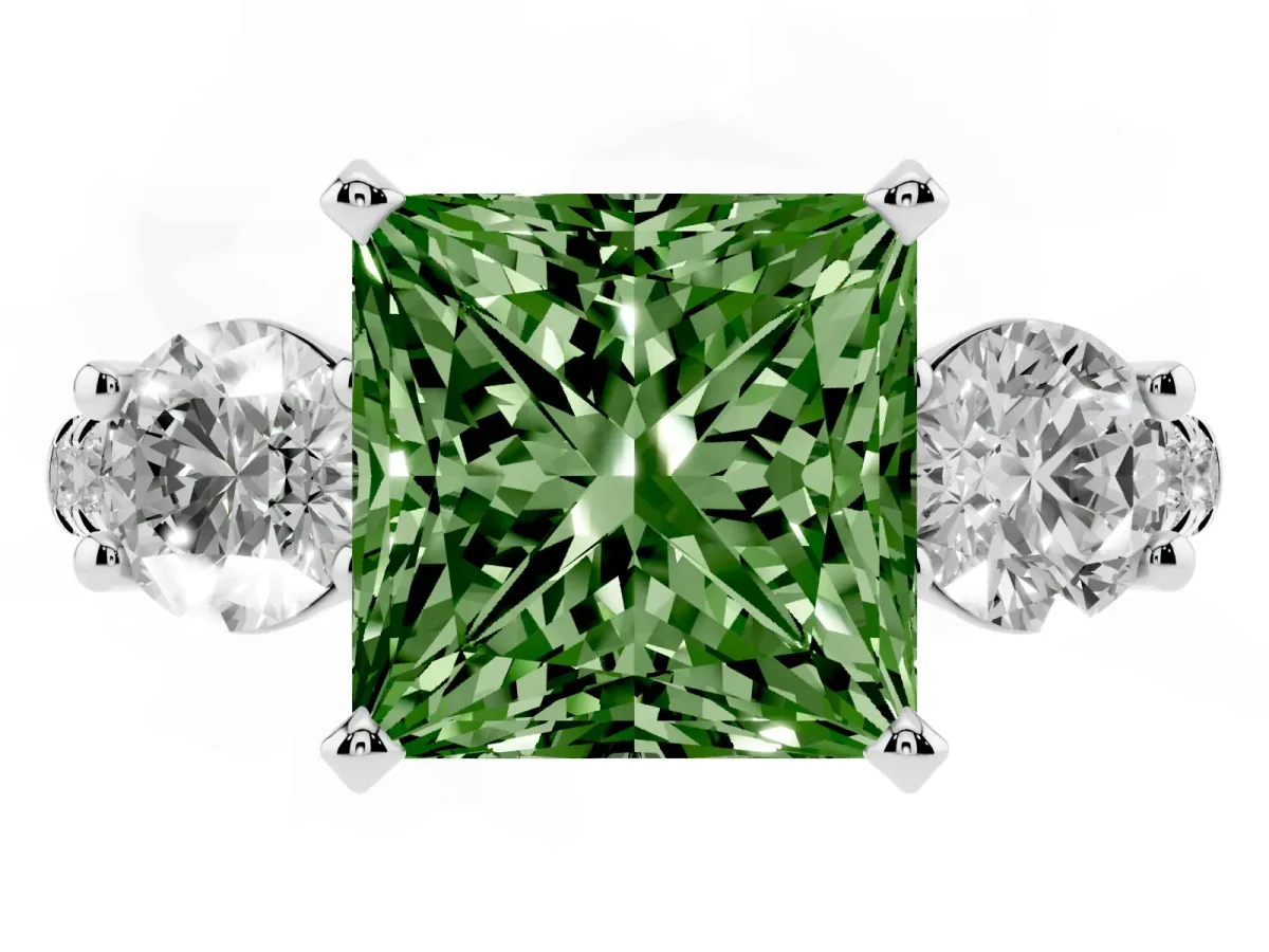 Fancy Green Three-Stone Princess Cut Diamond Pavé Band with Four-Prong Setting Silver