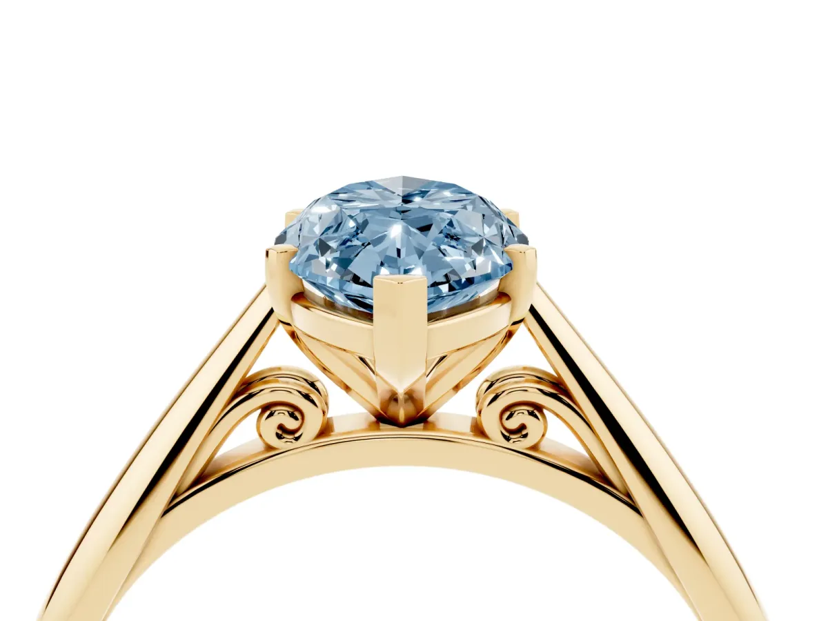 Fancy Blue Marquise Cut Diamond Solitaire Engagement Ring with Cathedral Setting and Four-Prong Mount Yellow gold