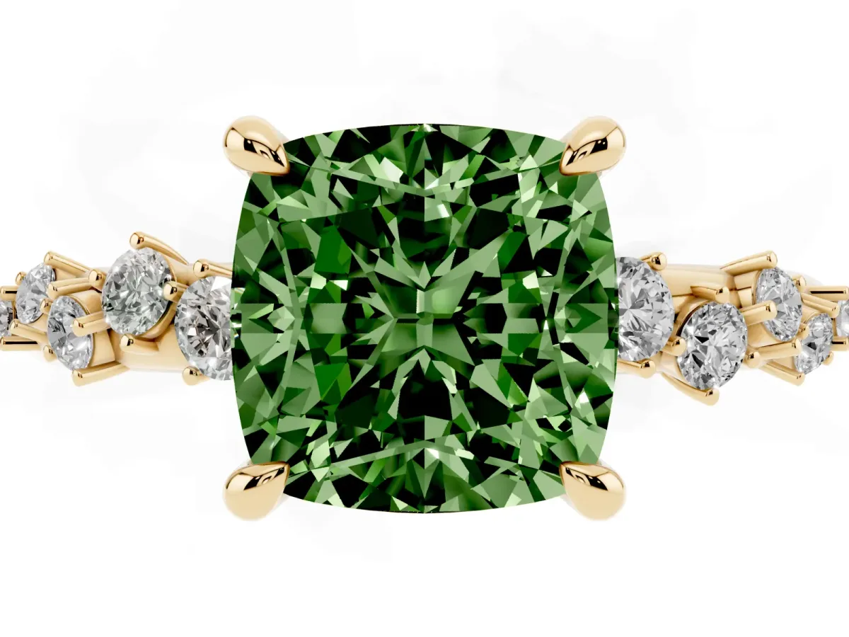 Fancy Green Cushion Cut Cut Diamond Vine Band with Four-Prong Setting Yellow gold